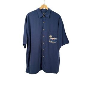 Bamboo Cay Mens L Catch of the Day Embroidered Seaplane Fishing Camp Shirt Blue‎